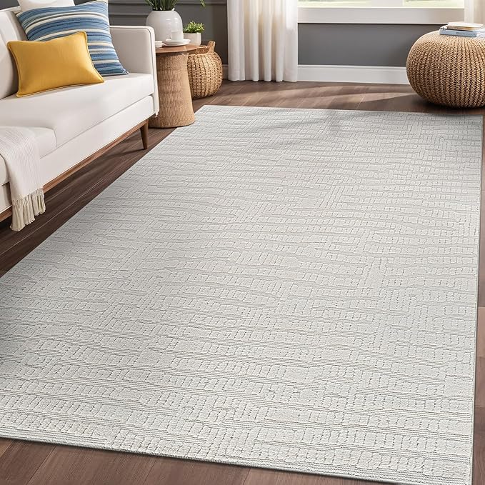Modern Micro Loop Indoor Area Rugs for Living Room Bedroom Kitchen Geometric Pebble White 4x6 Luxury Durable Low and High Pile Non-Shedding Stain Resistant Soft Area Carpet 4 x 6