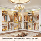 Closet System, 4-8FT Closet Organizer with 3 Wood Drawers & Glass Top, 102'' Walk in Closet with 5 Hang Rods & LED Lights & Trouser Rack, Built-in Wardrobe Clothes Rack with Shelves & Tower,White Oak