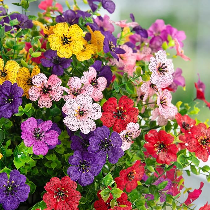 Artificial Flowers for Outdoors Spring Decoration, 12 Bundles Fake Flower Daisy with Realistic Eucalyptus Leaves, Faux Plants for Greenery Boxwood Porch Patio Garden Pot Lawn