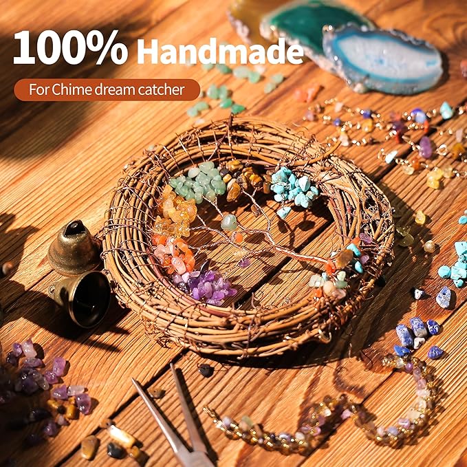 Handmade Natural Rattan Dream Catcher with Gemstones, Wind Chimes & 6-Color Life Tree–Boho Wall Hanging Decor for Home, Bedroom, Garden–Unique Gift for Housewarming, Birthday, Christmas