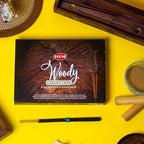 HEM Woody Series Premium Incense Sticks Combo | Sandalwood, Palo Santo, Forest, Feng Shui, Cedar & Madhur Chandan | 120 Sticks, 30-Minute Burn Time | Natural Aroma for Relaxation, Stress Relief
