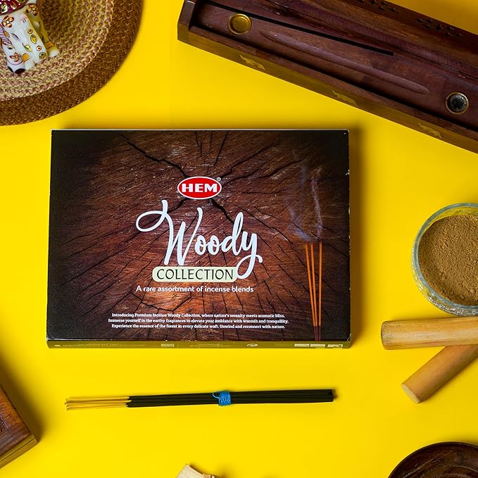 HEM Woody Series Premium Incense Sticks Combo | Sandalwood, Palo Santo, Forest, Feng Shui, Cedar & Madhur Chandan | 120 Sticks, 30-Minute Burn Time | Natural Aroma for Relaxation, Stress Relief