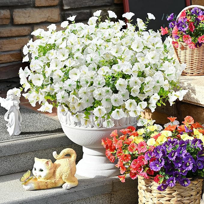 Waipfaru Artificial Flowers for Outdoors, 24 Bundles Faux Plants Outdoor, UV Resistant Artificial Plants, Silk Petunias Fake Flowers for Outside Home Decor Planter Porch Decoration, White