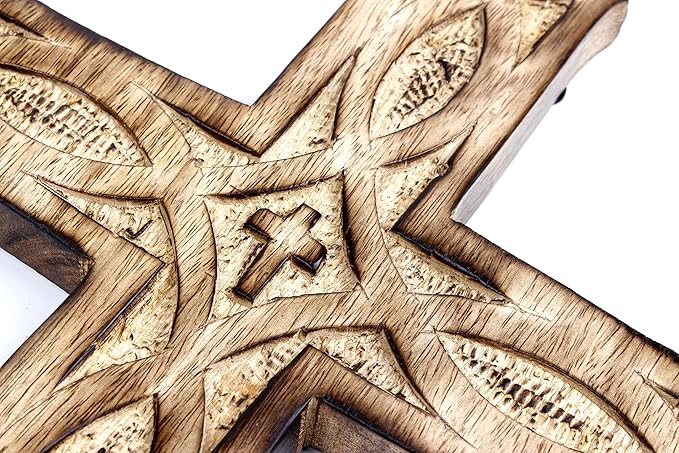 ARTISENIA Wooden Wall Cross Plaque 9" Long Hanging with Hand Carvings Religious Altar Home Living Room Decor