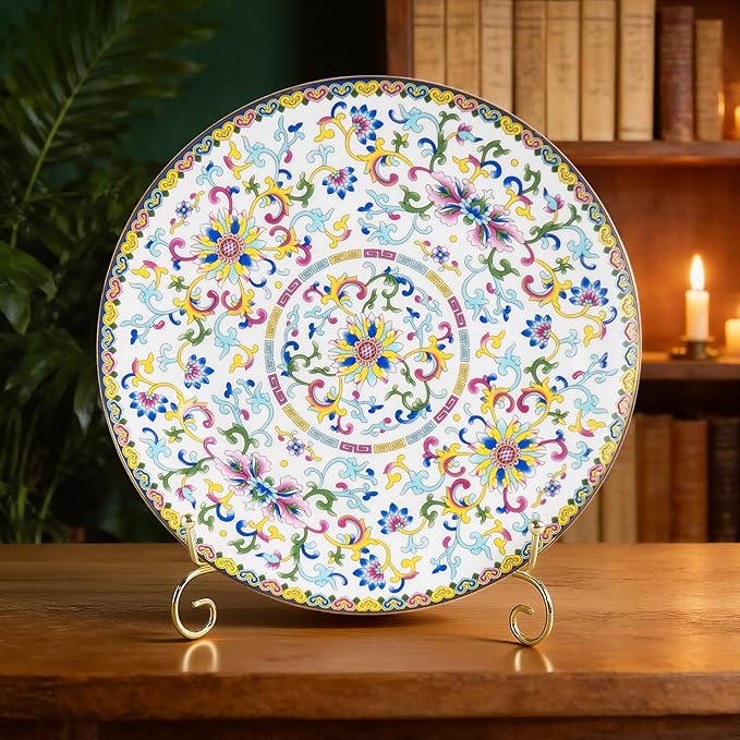 KAMMAK Decorative Plates Set for Display, White Ceramic Plate Decor with Stand, Handmade Vintage Porcelain Ornament for Table, Living Room, Kitchen, Office, Perfect Chinese Style Dish Gift (8in+10in)
