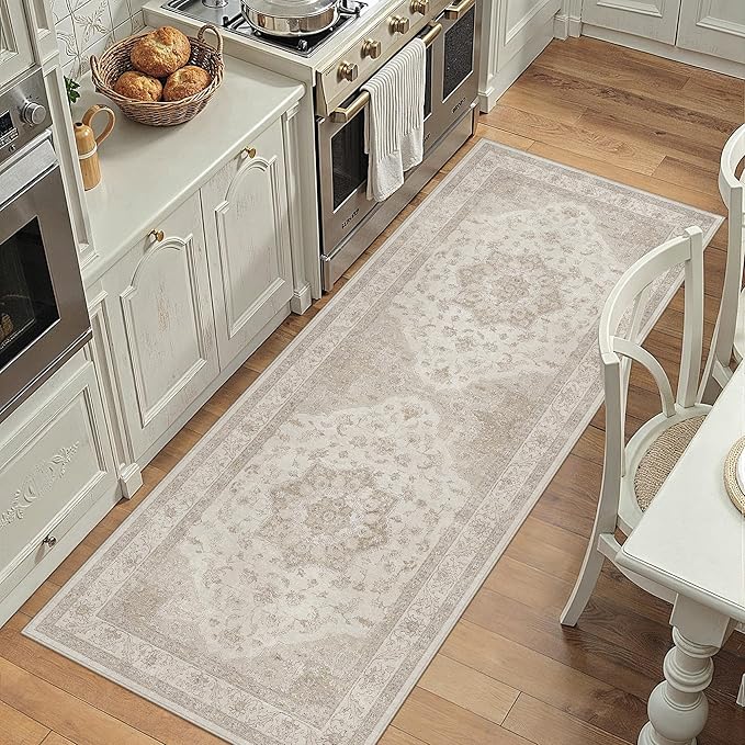 Beige Area Rug 2x4 Washable Vintage Carpet Entryway Kitchen Soft Retro Low Pile Thin Door Mat Non Slip Oriental Medallion Throw Small Rug for Bathroom Office Bedroom Dining Room