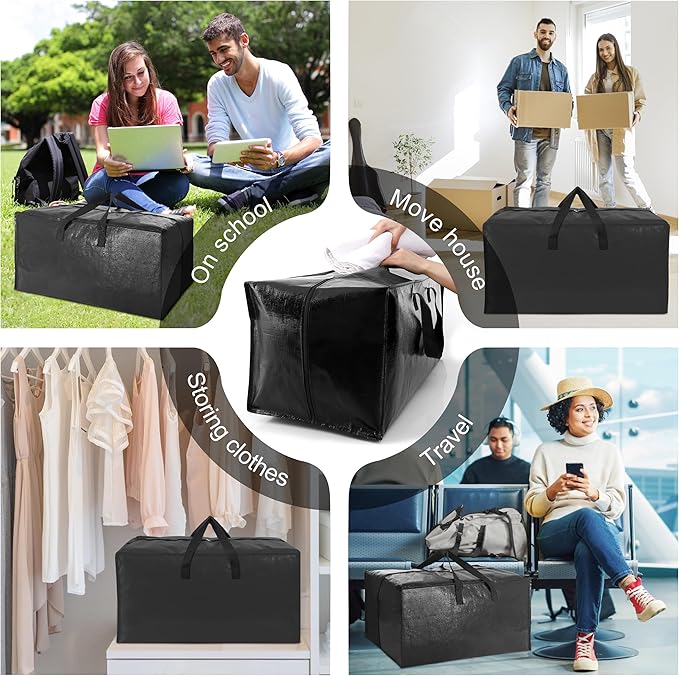 6 Pack Heavy Duty Extra Large Moving Bags W/Backpack Straps - Strong Handles & Zippers, Storage Totes For Space Saving, Fold Flat, Alternative to Box and Bin (40 gal, Black)