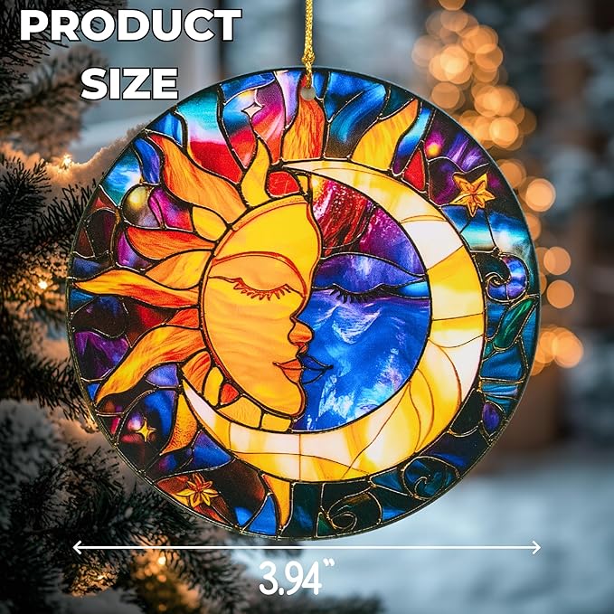 Sun and Moon Christmas Ornaments Decorative Ornament Round Acrylic Stained Glass Effect Window Hanging for Celestial Decor Moon Decor Sun Decor Sun, Hanging Tree Thanksgiving Gifts
