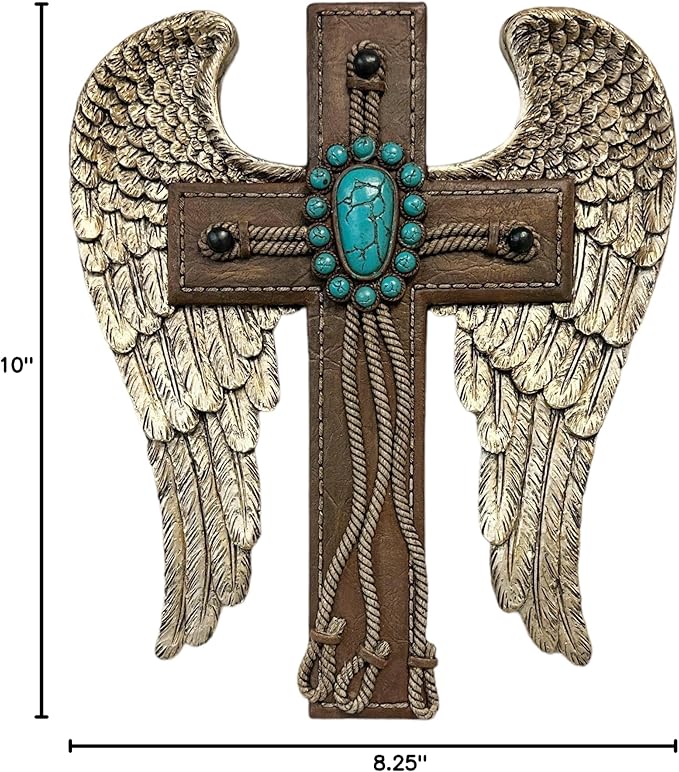 De Leon Collections 15630 Winged Cross Turquoise, Brown, and White 10 Inch Polyresin Rustic Distressed Decorative Home Décor Hanging Sculpture Wall Cross