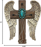 De Leon Collections 15630 Winged Cross Turquoise, Brown, and White 10 Inch Polyresin Rustic Distressed Decorative Home Décor Hanging Sculpture Wall Cross