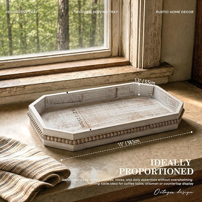 EOSAHR Rustic Decorative Tray with Beaded Edge for Home Decor - Farmhouse Wooden Serving Tray for Coffee Bar Accessories - Ideal for Bathroom Counter, Makeup Vanity Display (Distressed White)