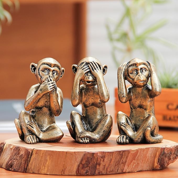 Leekung 3 Wise Monkeys Statue for Home Decor Accents,Hear no Evil See no Evil Speak no Evil Figurine for Living Room Boho Desk Gold Modern Table Decor,Monkey Gift Shelf Decor Accents Antique Bronze
