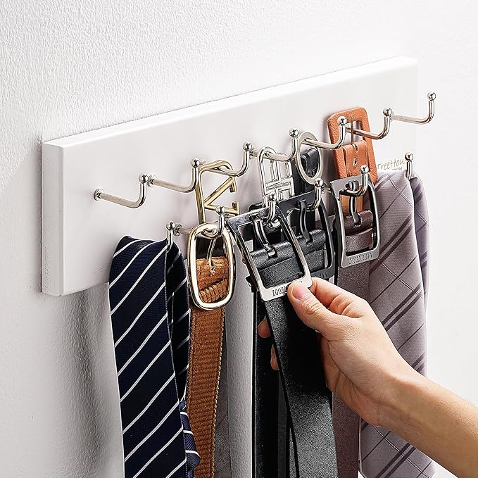 Treehouse Belt Organizer Rack, Holds Over 28 Large Belts, Sturdy Metal & Solid Wood Storage Holder for Closet, Versatile, Wall Mounted Belt & Tie Display Hanger for Bedroom - (White)16''L x4.25''H
