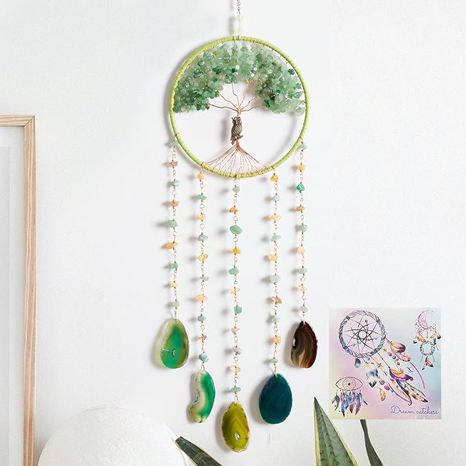 Green Tree of Life Dream Catchers with Agate Pendant Natural Dream Catchers for Aunt Wall Decor Handmade Dreamcatcher Wall Hanging Ornament for Bedroom Living Room Home Decor