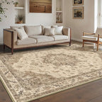 Brown Area Rug 9x12 Washable Vintage Carpet for Living Room Bedroom Large Soft Retro Low Pile Thin Indoor Rug Non Slip Oriental Medallion Floor Cover for Dining Room Office