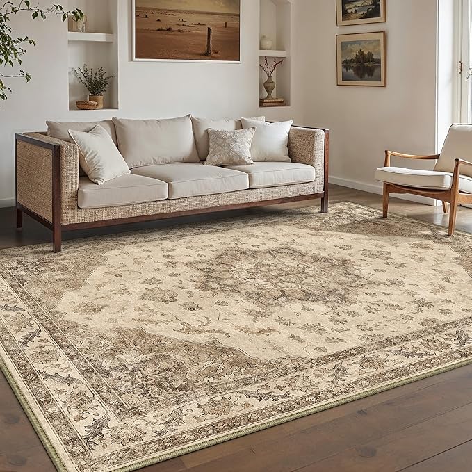 Brown Area Rug 9x12 Washable Vintage Carpet for Living Room Bedroom Large Soft Retro Low Pile Thin Indoor Rug Non Slip Oriental Medallion Floor Cover for Dining Room Office