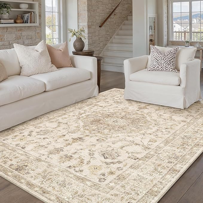 3x5 Beige Area Rug Washable Entryway Vintage Carpet Office Distressed Small Non Slip Low Pile Thin Kitchen Bathroom Medallion Accent Throw Rug Entrance Bedroom Office Living Room Laundry