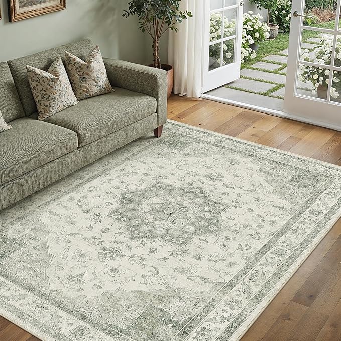 Green Area Rug 3x5 Washable Vintage Carpet Entryway Office Soft Retro Kitchen Low Pile Thin Door Mat Non Slip Oriental Medallion Throw Small Rug for Bathroom Bedroom Dining Living Room