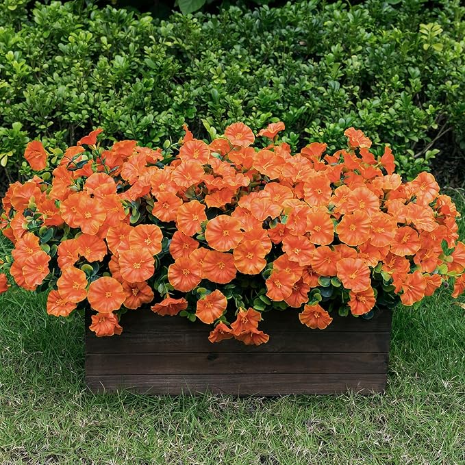 Lnoicy Artificial Flowers for Outdoor 12 Bundles Eucalyptus Fake Flowers for Planter,UV Resistant Fake Morning Glory for Home/Porch/Garden Decoration（Orange）