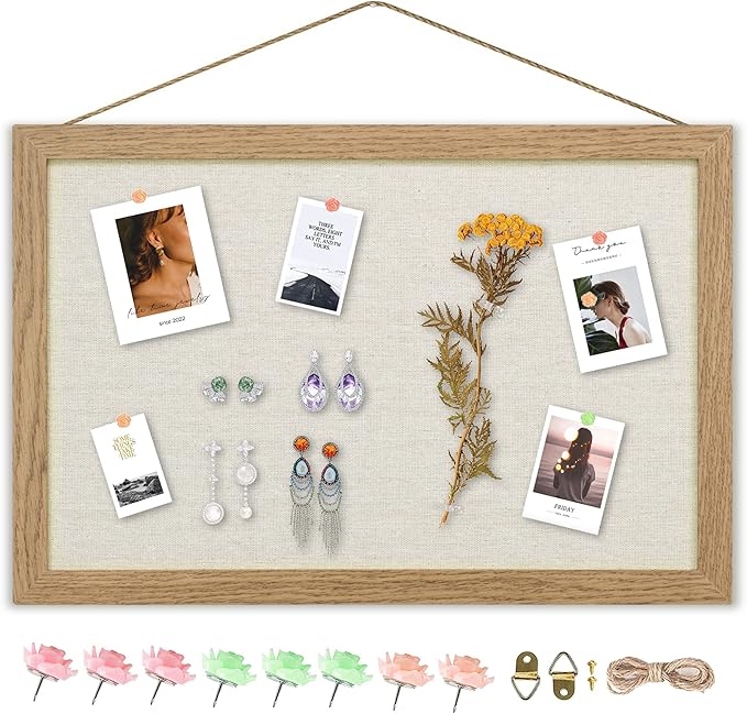 AKTOP Cork Board Bulletin Board with Linen 16.7" X 11", Small Framed Corkboard for Wall, Hanging Pin Board Picture Board for Home Office Decor, Cute Vision Board with 8 Pushpins (Carbonized Black)
