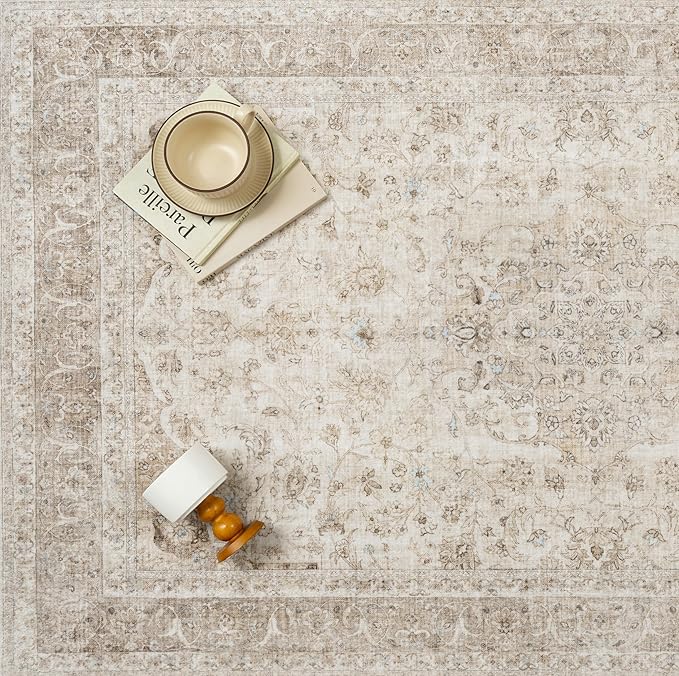 Beige Area Rug 6x9 for Living Room Washable Vintage Carpet Low Pile Non Slip Distressed Soft Traditional Retro Oriental Large Accent Throw Rug Office Bedroom Dining Room Playroom