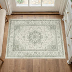 Green Area Rug 2x3 Washable Entryway Carpet Vintage Kitchen Soft Retro Low Pile Thin Non Slip Door Mat Entrance Oriental Medallion Throw Rug for Bathroom Office Bedroom Dining Room