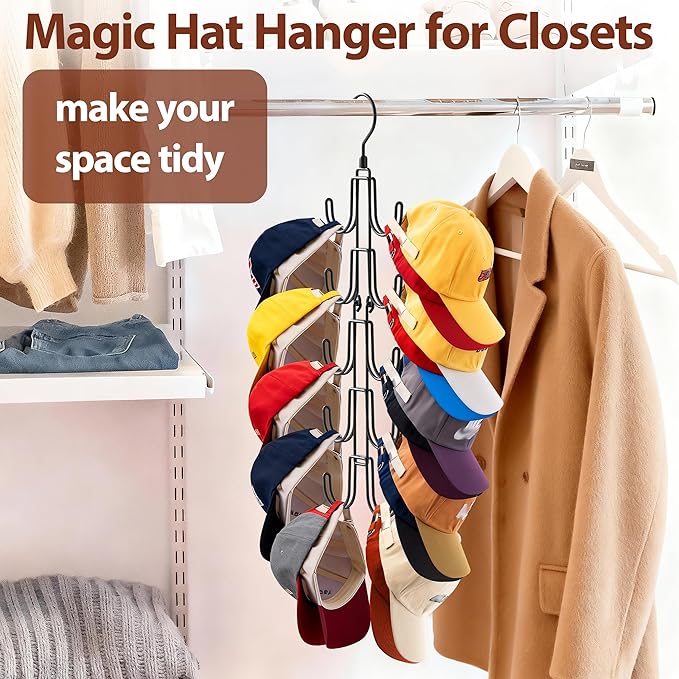 10-Hook Hat Hangers for Closet, Stainless Steel Hat Organizer, Collapsible Hat Holder, 360° Rotating Cap Rack, Space Saving Hat Storage for Baseball Caps