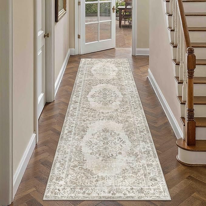 2x8 Runner Rug Beige Washable Hallway Kitchen Bedroom Vintage Distressed Bathroom Non Slip Medallion Floral Carpet Indoor Retro Throw Floor Mat for Office Dining Laundry Living Room