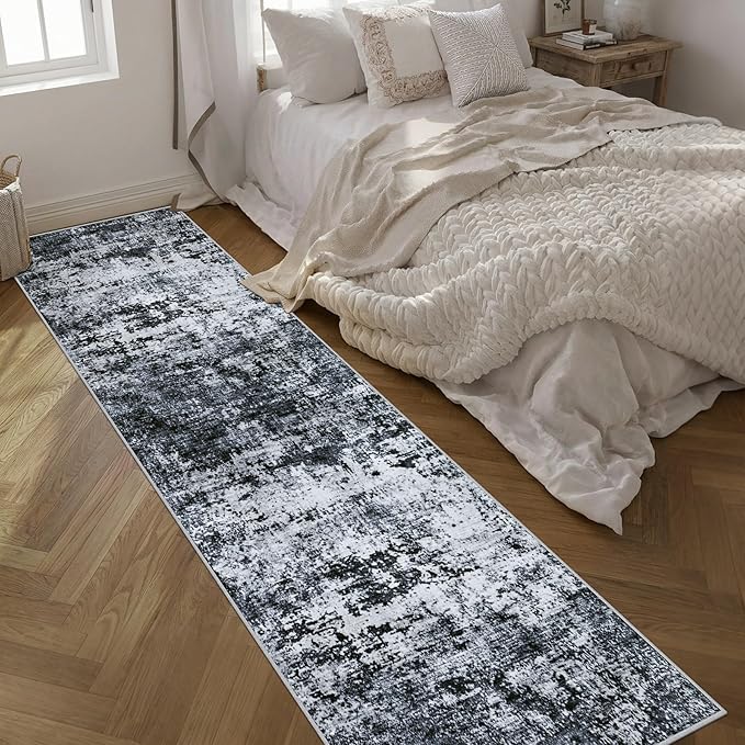 2.6'x14' Runner Rug Washable Rug: Modern Abstract Soft Thin Runner Rug Black