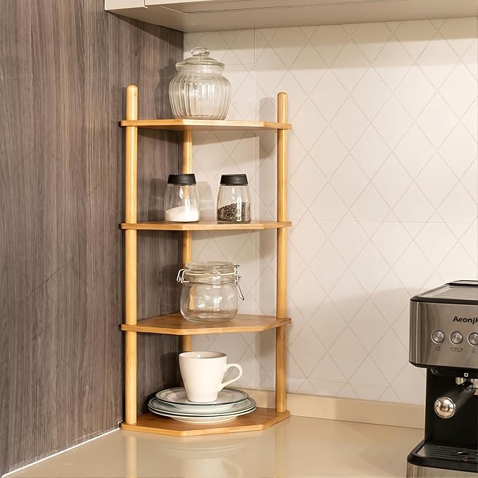 4-Tier Expandable Bamboo Corner Shelf - Dish/Plate Organizer for Cabinet, Kitchen Counter Shelf & Small Kitchen Shelf, Adjustable (Natural, 1-Pc 4-Tier)
