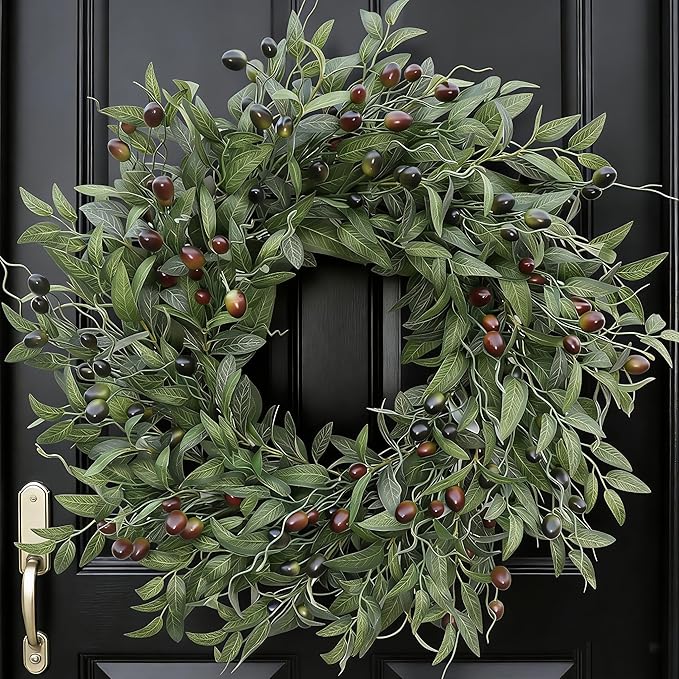 Olive Wreath 26 Inch Wreaths for Front Door with Purely Handmade Realistic Dense Olive Leaf Olive Berry, Elegant Home Decor Wreath Ideal for Front Door, Hallways, Any Area You Want to Brighten