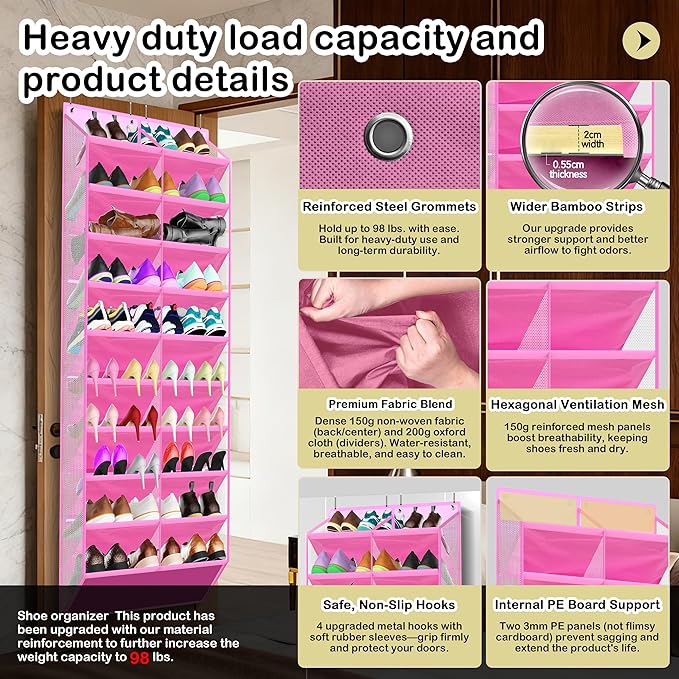 10-Tier Over the Door Shoe Organizer, 20 Pockets Holds 20-30 Pairs, Heavy-Duty Oxford Fabric with Hexagon Mesh for Boots & Sneakers- Pink