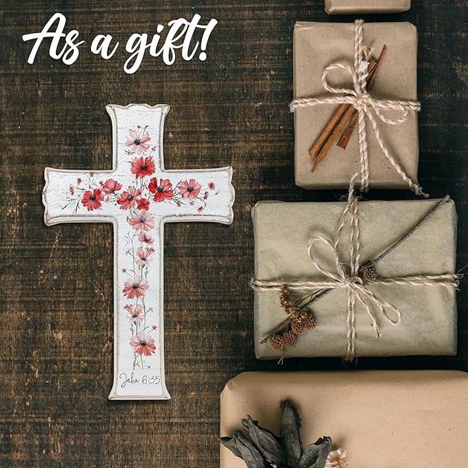 VZVCTFS White Cross with Red Wildflowers - John 6:35 Scripture Wooden Wall Decor, Rustic Farmhouse Christian Gift, Inspirational Floral Art for Home, Easter Christmas (6.5x10 Inch)（A08）