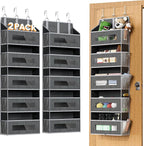 2 Packs 5-Tier Over the Door Organizer with 10 Side Mesh Pockets, 48 lbs Load Capacity, 3 Hooks Design, Hanging Storage Organizer with Clear Windows for Bathroom, Bedroom, Nursery, Kitchen-Grey