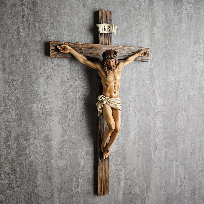 BC Catholic Crucifix Wall Cross, 14"H Jesus Christ Inspirational Home Décor, Religious Devout Gift, Renaissance Sculpture Handmade by Buildclassic