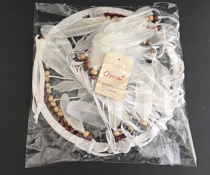 OMA Dream Catcher, Tree of Life Design with Feathers and Beads, White Suede Authentic Traditional Dream Catcher Boho Home Decor Bedroom Decoration Gift - Large Size - 36" Long x 11" Diameter (Green)