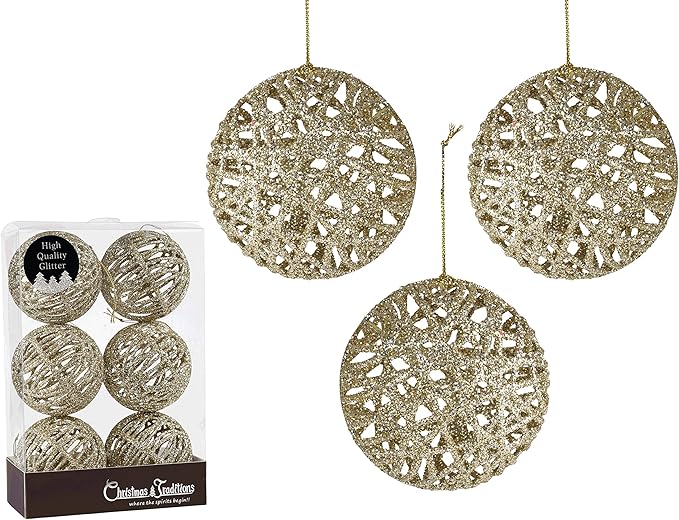 Christmas Traditions 4 inch Champagne Gold Glittered Rattan Ball Ornaments Hanging Tree Decorations (Set of 6) (Champagne Gold)