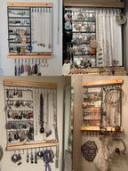 Hanging Jewelry Organizer, 5-Tier Wall Earring Holder with Wooden Ring Groove, Jewelry Rack Wall Mounted for Earrings, Necklaces, Bracelets and Rings, Jewelry Holder Stand, Black