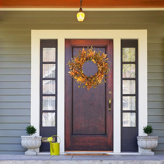 WreathDream 20'' Fall Wreath Autumn Wreath for Front Door with Small Pumpkins and Oak Leaves for Thanksgiving Halloween Home Outdoor Farmhouse Porch Wall Window Decoration,Brown Gift Box Included