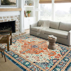 U'Artlines Boho Vintage Area Rug 5x7 Machine Washable Low Pile Soft Floor Carpet Non Slip Non Shedding Accent Rug for Living Room Bedroom Entryway Dining Room Office Orange/Multi