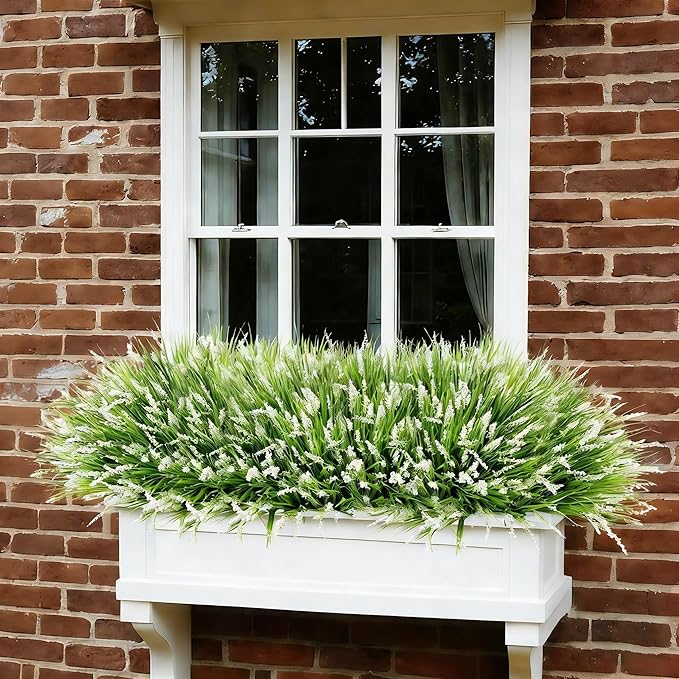 Ivydale Artificial Plants Fake Flowers Monkey Grass for Outdoors,UV Resistant Realistic 20PCS White Faux Greenery Shrubs Outside Decor for Home Garland Porch Patio Balcony Planter Yard Office Pathway