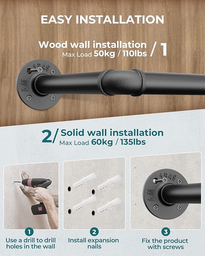 OROPY Industrial Pipe Clothes Rack 21.2” Set of 2, Heavy Duty Wall Mounted Black Iron Garment Bar, Multi-Purpose Clothing Hanging Rod for Laundry Room and Closet Storage