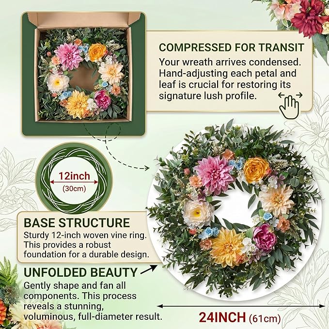 Somikis 24 Inch Front Door Wreath, Large Artificial Flowers Wreath with Silk Peony Dahlia Eucalyptus, Realistic Greenery Welcome Floral Wreath Decor All Year Round for Inside Outside Wall Entryway