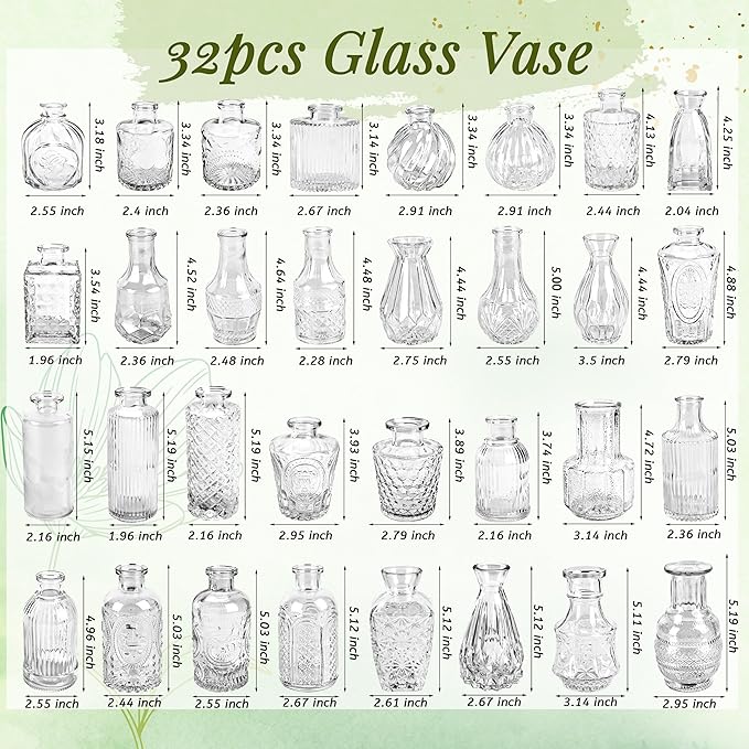 Der Rose Glass Bud Vases Set of 32 Small Clear Flower Vases for Rustic Wedding Centerpieces Table Decorations and Home Office Decor(Clear)