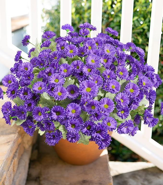 HyeFlora Artificial Fake Flowers for Outdoors Spring Summer Decor, 6 Bundles Faux Daisy Plants Silk Flowers for Outside Realistic UV Resistant for Outdoor Planter Porch Patio Balcony Yard Home, Purple