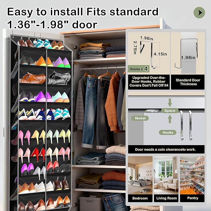 10-Tier Over the Door Shoe Organizer, 20 Pockets Holds 20-30 Pairs, Heavy-Duty Oxford Fabric with Hexagon Mesh for Boots & Sneakers-Black