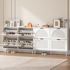 Shoe Cabinet for Entryway with 4 Flip Drawers, Slim Wooden Shoe Storage Organizer with Modern Fluted Pannel，Freestanding Narrow Hidden Shoe Rack for Hallway, Foyer, Living Room