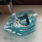 Things2Die4 Decorative Plates Set of 2 Oyster Shaped Blue Glass Plates with Iridescent Finish for Coastal Tabletop Decor in Dining Room Entryway or Living Room, 13 X 10 X 2 Inches