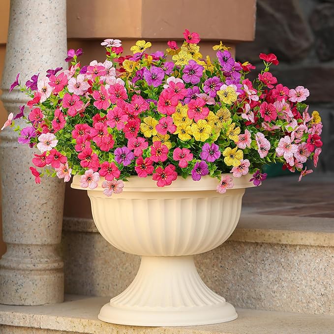 Artificial Fake Flowers Plants for Outdoors Spring Summer Decor,16 Bundles Faux Plant Flowers Silk Daisy UV Resistant for Outside Planter Front Porch Patio Yard Garden Home(Pink,Purple,Yellow,Fuchsia)