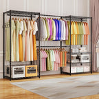 ecobedding Heavy Duty Garment Rack, 1000LBS Max Load Freestanding Closet Organizer with 6 Storage Shelves & 3 Adjustable Hanging Rods, Multifunctional, Glossy Black, 15.75" D x 70-88.5" W x 76.5" H
